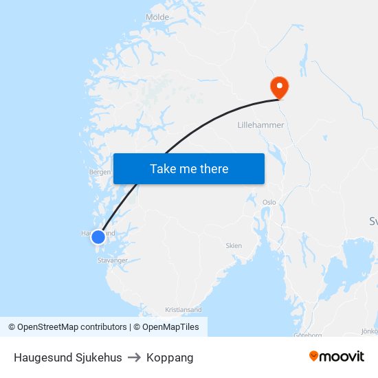 Haugesund Sjukehus to Koppang map