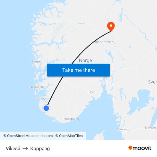 Vikeså to Koppang map