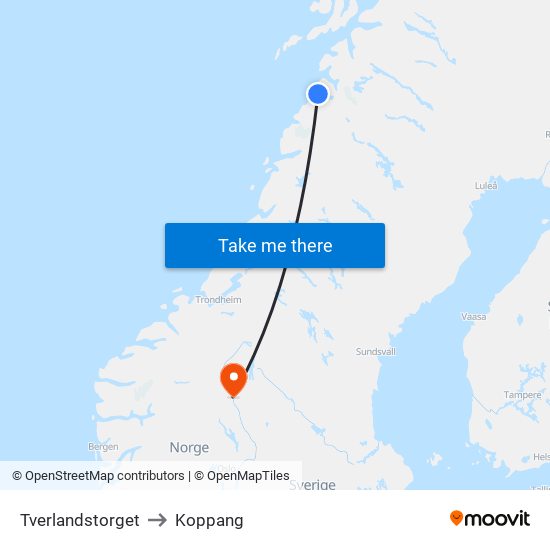 Tverlandstorget to Koppang map