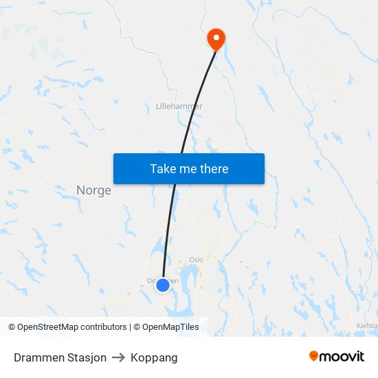 Drammen Stasjon to Koppang map