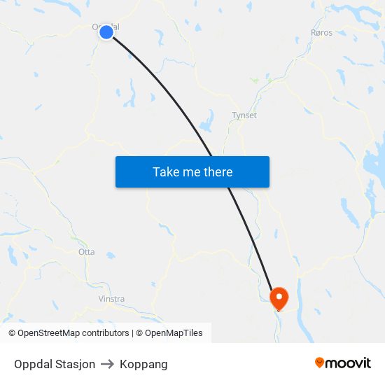 Oppdal Stasjon to Koppang map