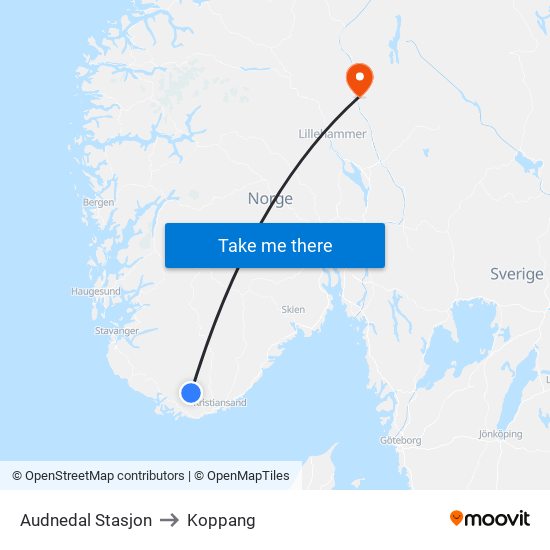 Audnedal Stasjon to Koppang map