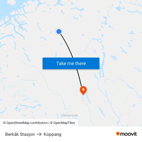 Berkåk Stasjon to Koppang map