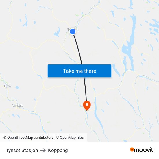 Tynset Stasjon to Koppang map