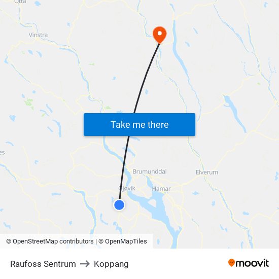 Raufoss Sentrum to Koppang map