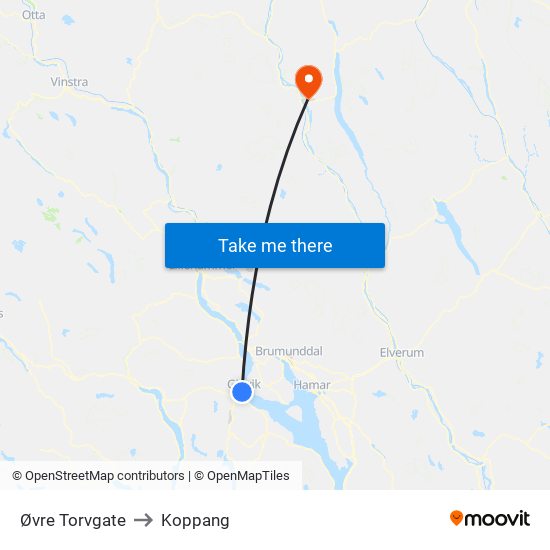 Øvre Torvgate to Koppang map