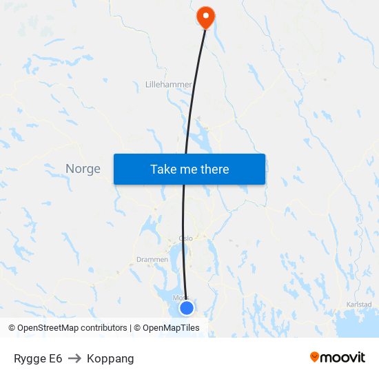 Rygge E6 to Koppang map