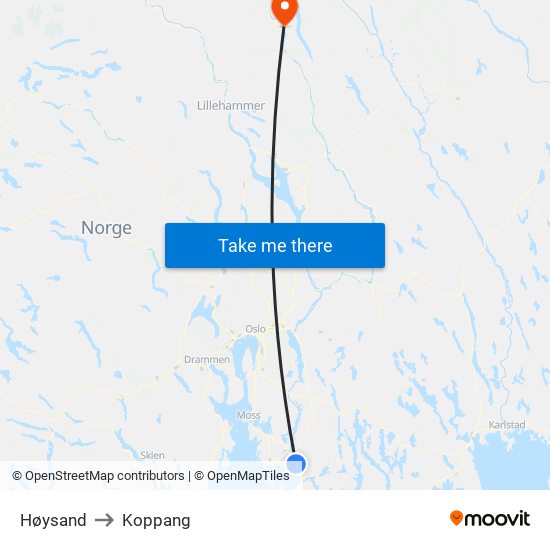 Høysand to Koppang map