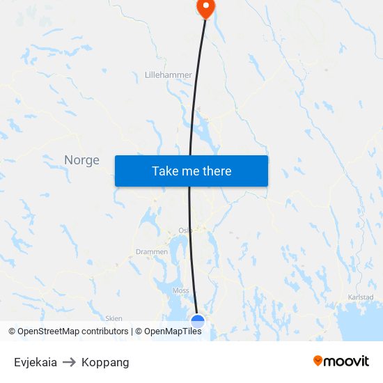 Evjekaia to Koppang map