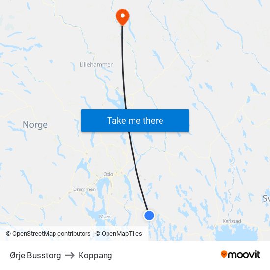 Ørje Busstorg to Koppang map