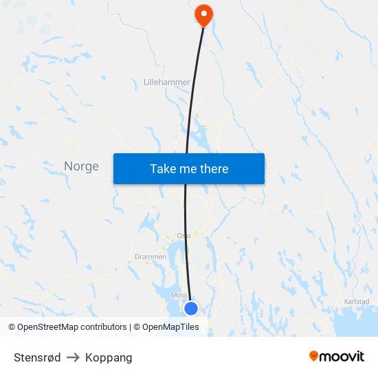 Stensrød to Koppang map