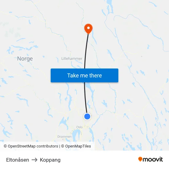 Eltonåsen to Koppang map