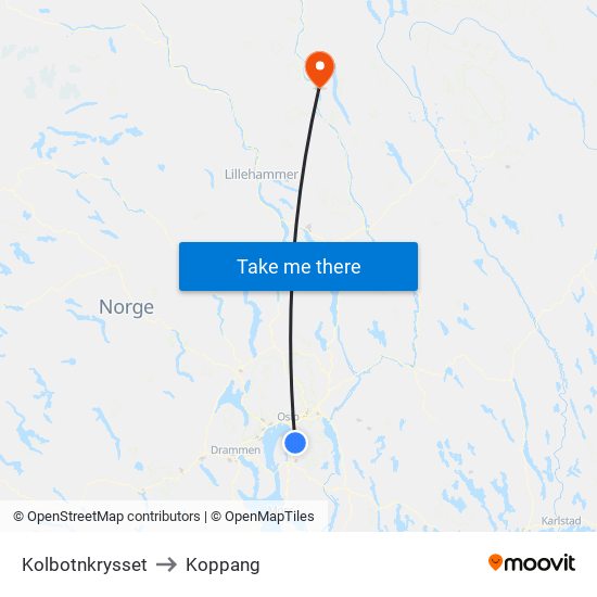 Kolbotnkrysset to Koppang map