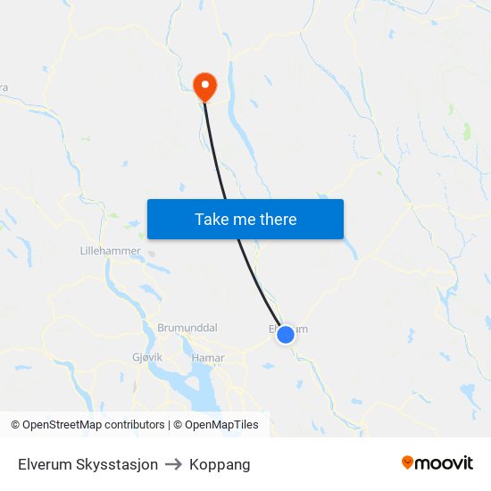 Elverum Skysstasjon to Koppang map