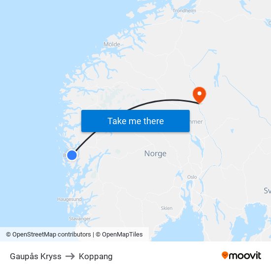 Gaupås Kryss to Koppang map