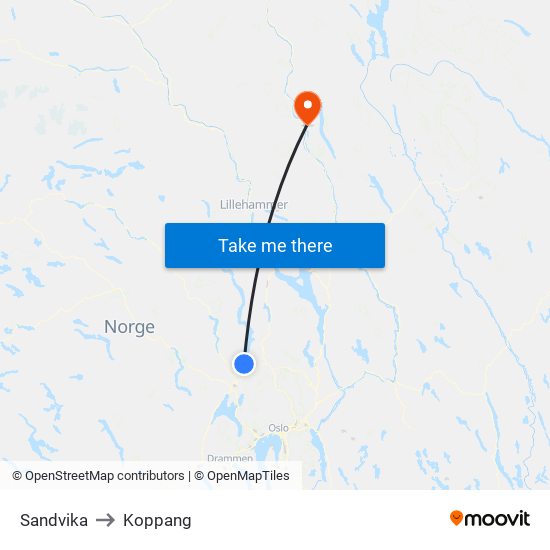 Sandvika to Koppang map