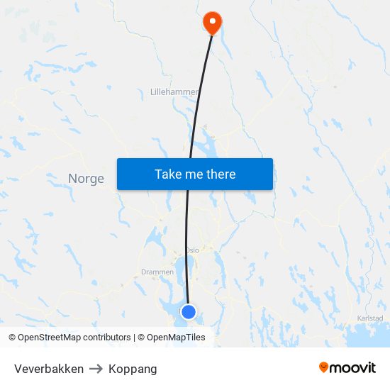 Veverbakken to Koppang map