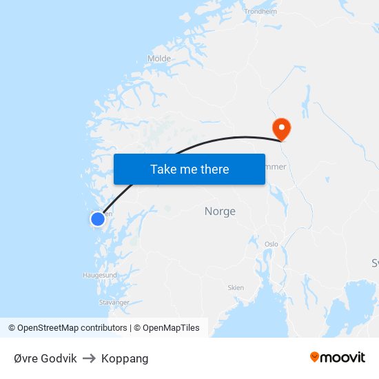 Øvre Godvik to Koppang map