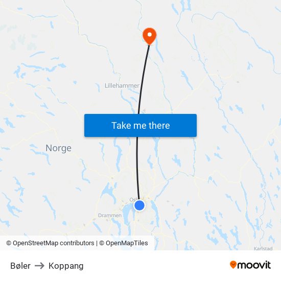 Bøler to Koppang map