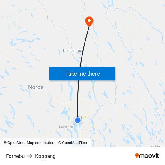 Fornebu to Koppang map