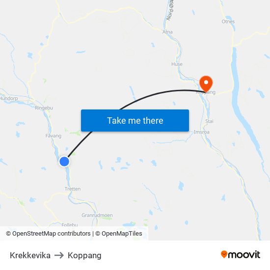 Krekkevika to Koppang map