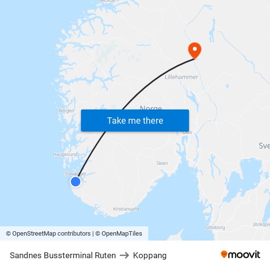 Sandnes Bussterminal Ruten to Koppang map