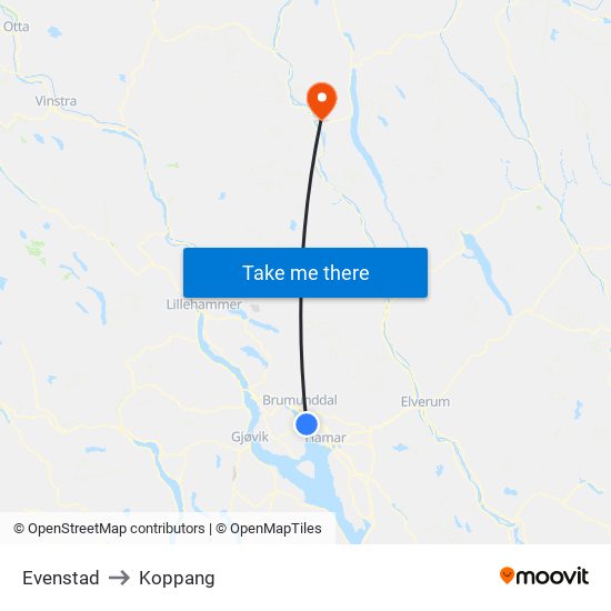 Evenstad to Koppang map