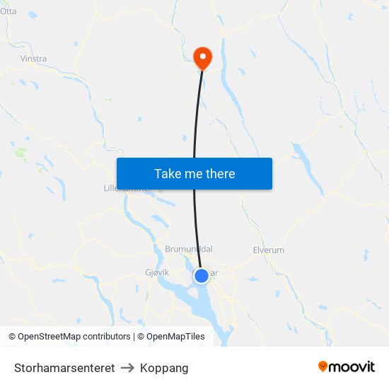 Storhamarsenteret to Koppang map