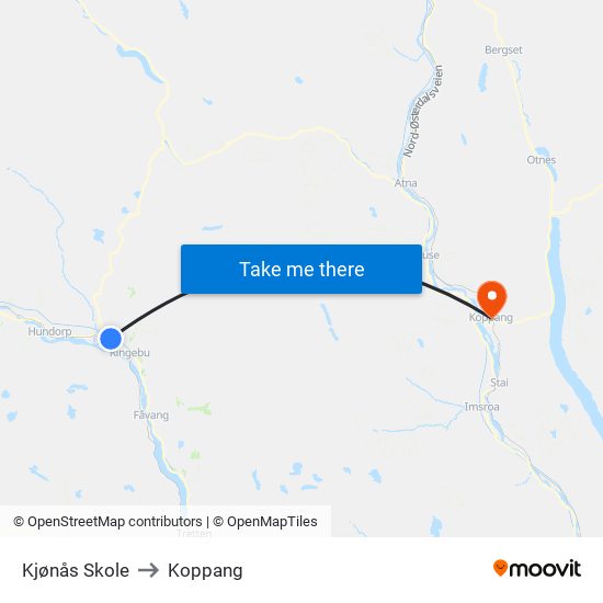 Kjønås Skole to Koppang map