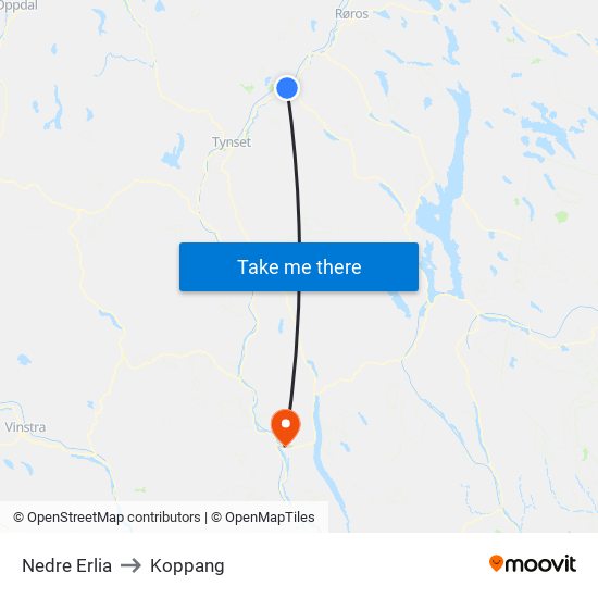 Nedre Erlia to Koppang map