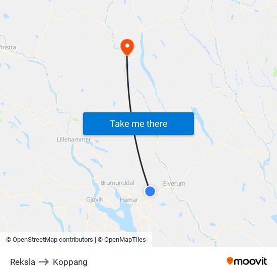 Reksla to Koppang map