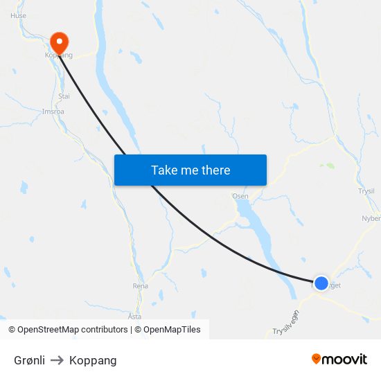 Grønli to Koppang map