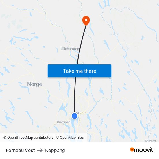 Fornebu Vest to Koppang map