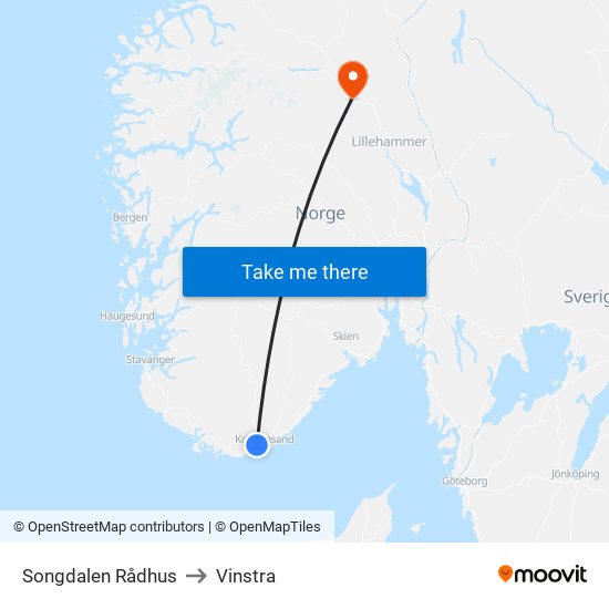 Songdalen Rådhus to Vinstra map