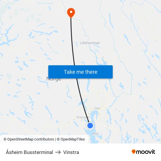 Åsheim Bussterminal to Vinstra map