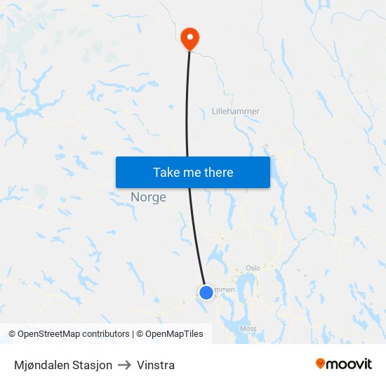 Mjøndalen Stasjon to Vinstra map