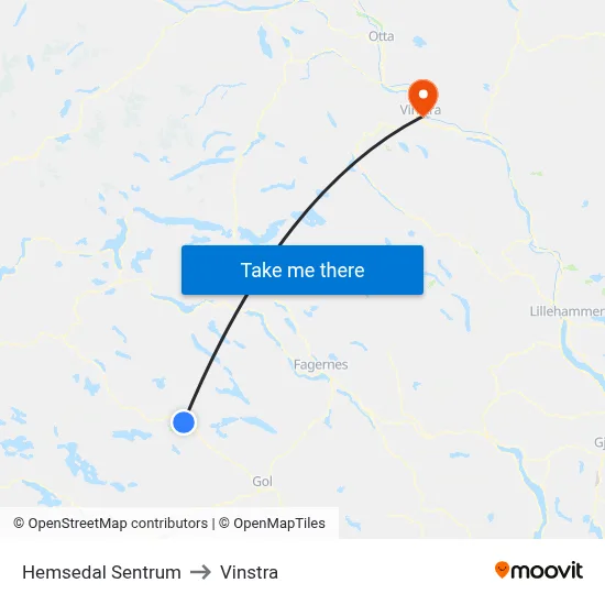 Hemsedal Sentrum to Vinstra map