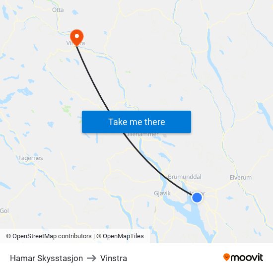 Hamar Skysstasjon to Vinstra map