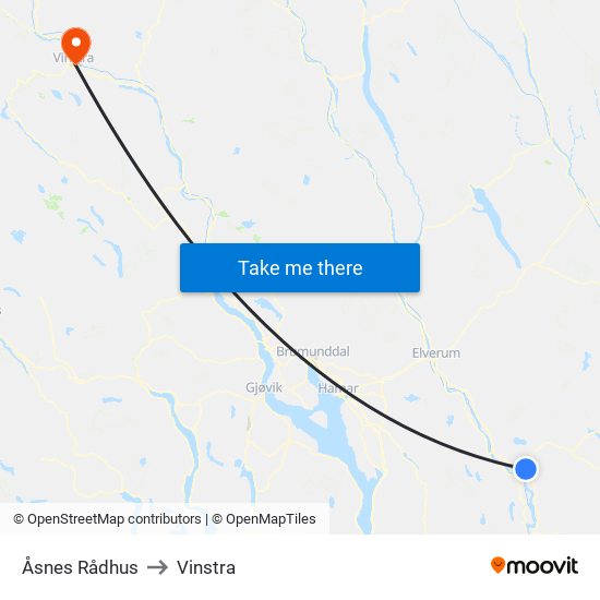 Åsnes Rådhus to Vinstra map