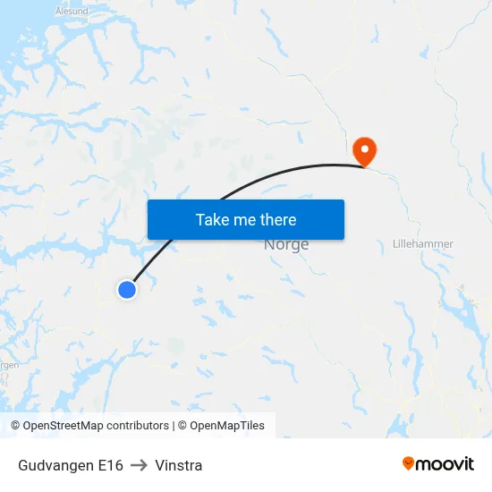 Gudvangen E16 to Vinstra map