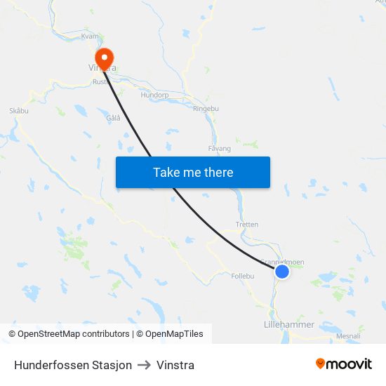 Hunderfossen Stasjon to Vinstra map