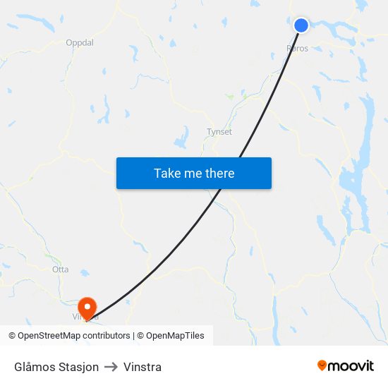 Glåmos Stasjon to Vinstra map