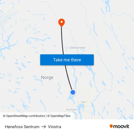 Hønefoss Sentrum to Vinstra map