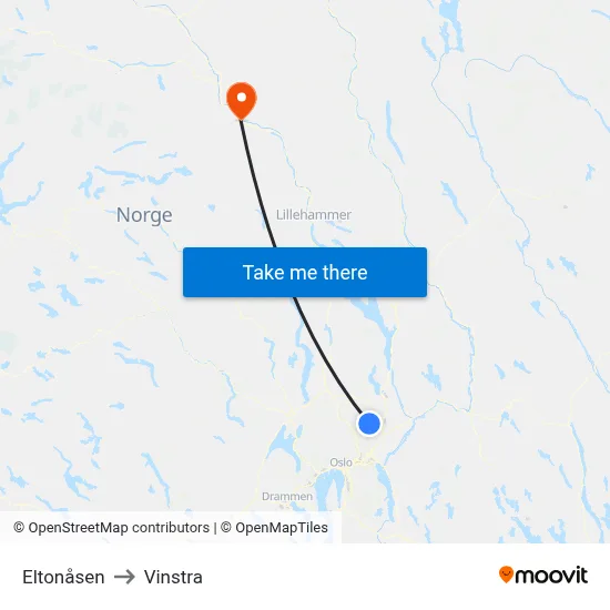 Eltonåsen to Vinstra map