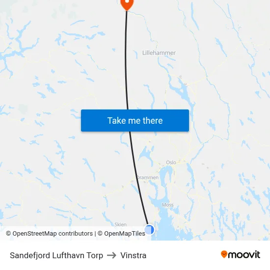 Sandefjord Lufthavn Torp to Vinstra map