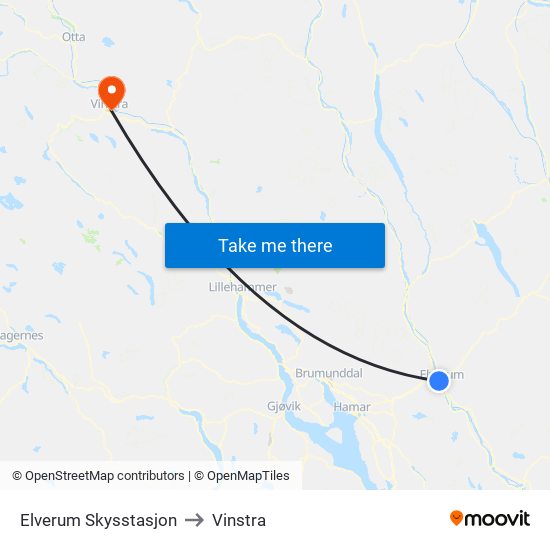 Elverum Skysstasjon to Vinstra map