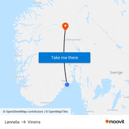 Lønnelia to Vinstra map