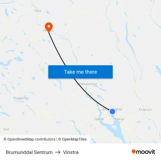 Brumunddal Sentrum to Vinstra map