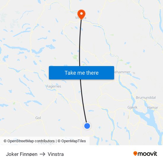 Joker Finnøen to Vinstra map
