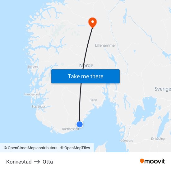 Konnestad to Otta map